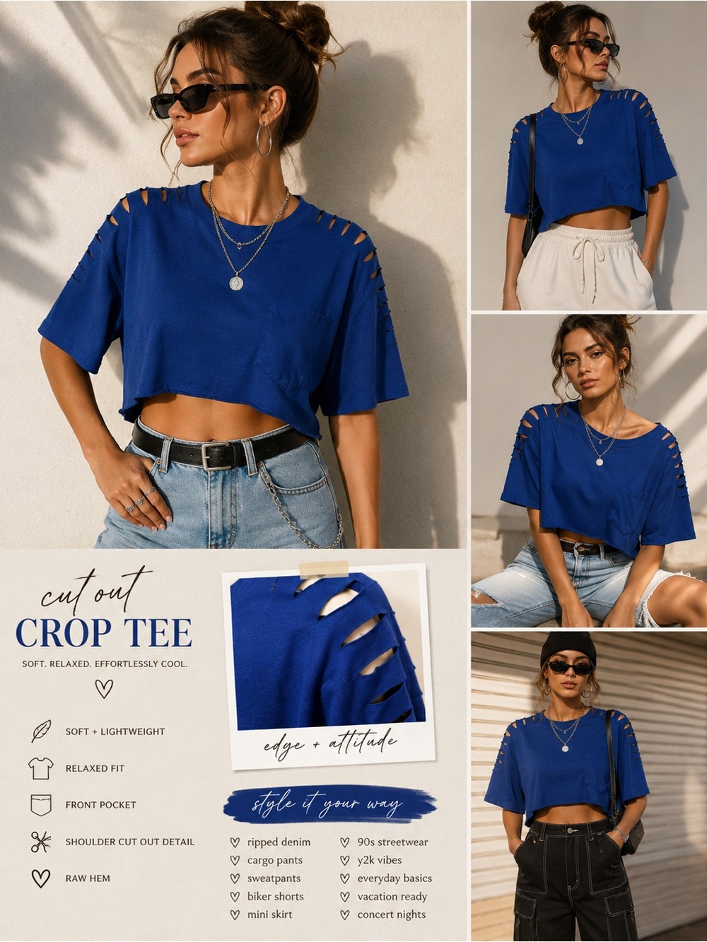 Blue Cutout Shoulder Cropped Tee Oversized Pocket Top Festival Y2K